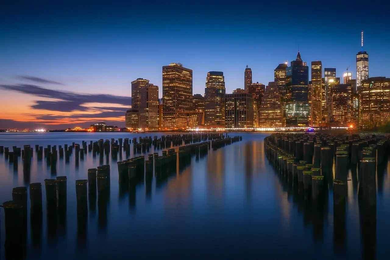 Modern city skyline at dusk